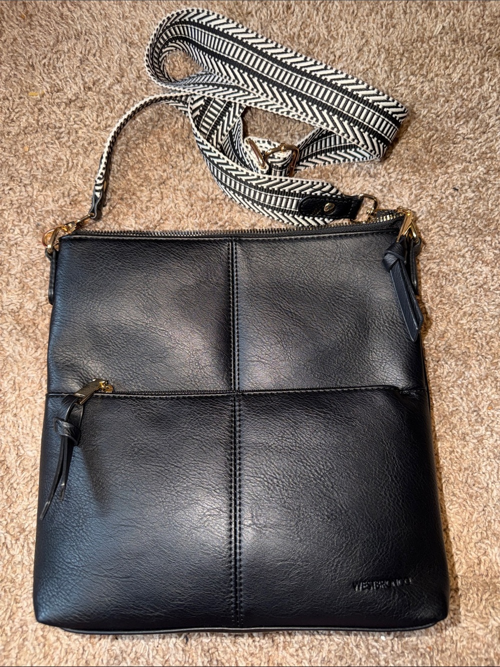 Classic Black Leather Crossbody with Patterned Strap
